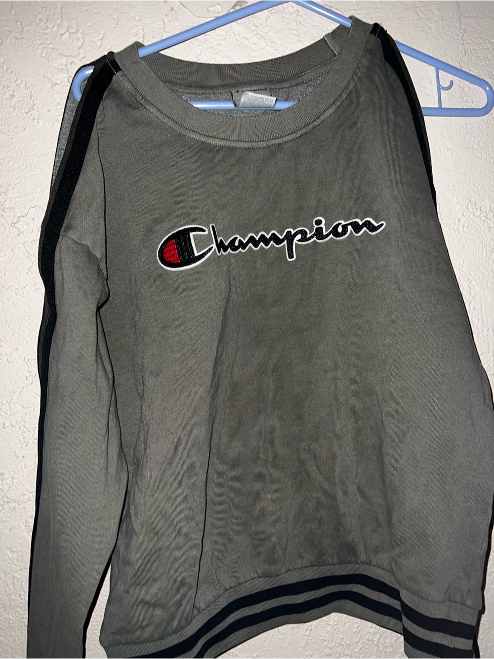 Champion Gray Logo Crew Sweatshirt with Striped Hem